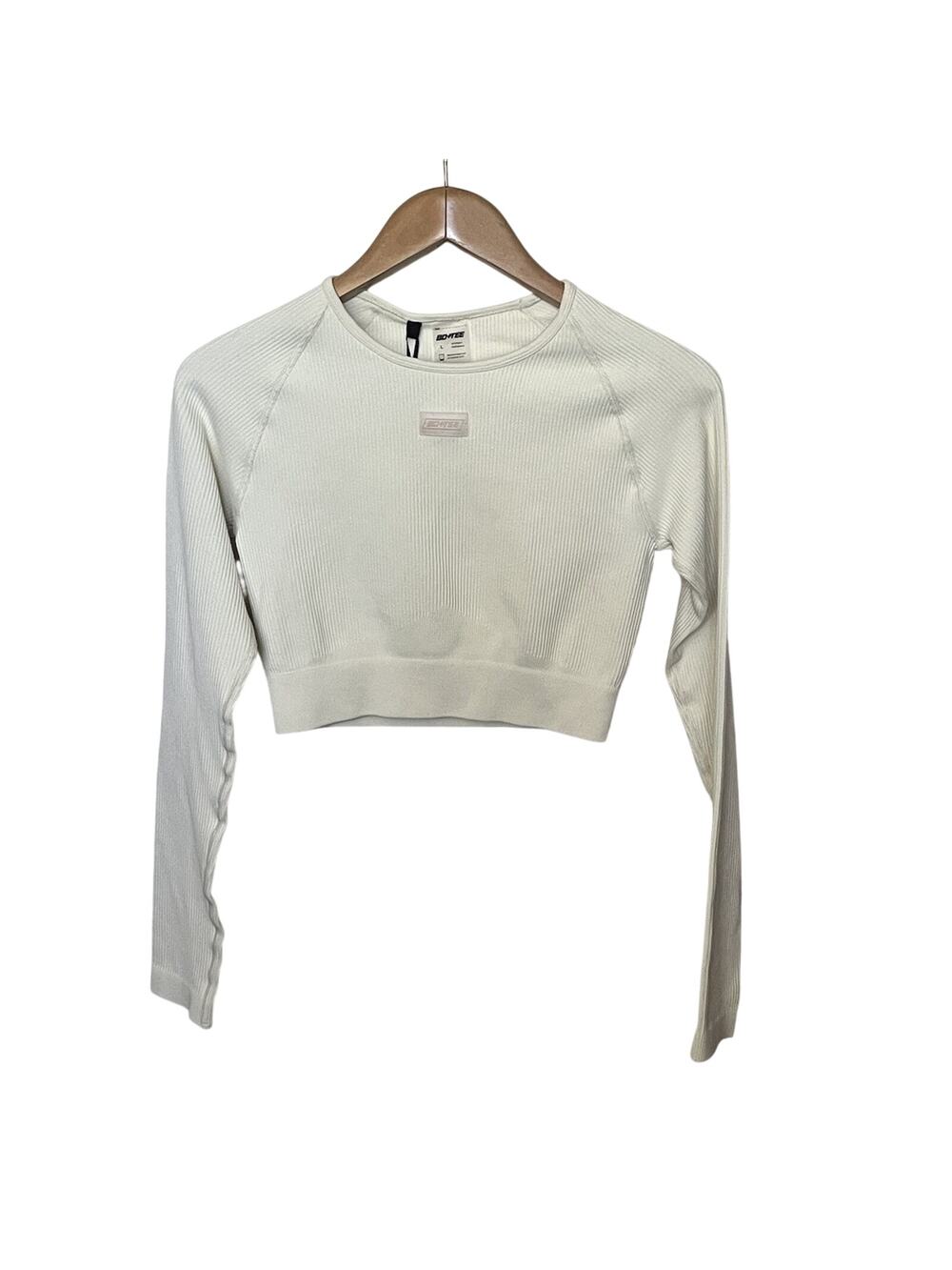 Bo+Tee Long Sleeve Crop Top Women’s Size Large Cream Ivory Ribbed Activewear